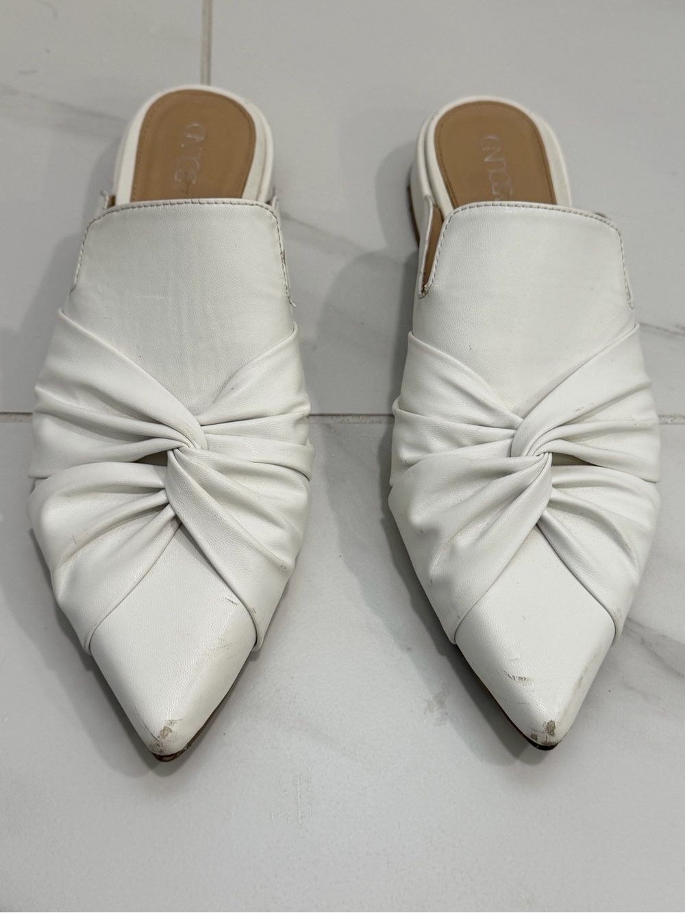 White Knot-Front Pointed Toe Mules - Size 8
